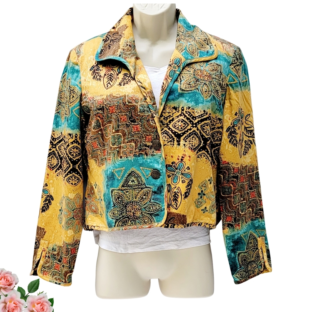 City Girl Artsy Bronze Teal Tapestry 80s Chic Festive Crafty Blazer Women's Med.